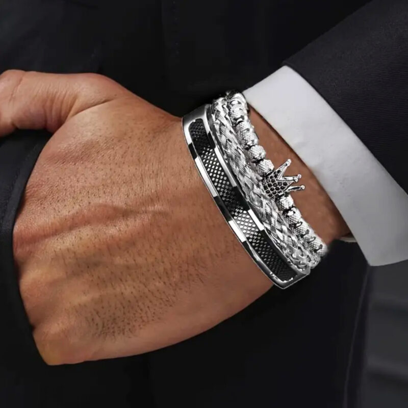SET DE 3 PULSERAS ACERO INOXIDABLE CORONA BLACK