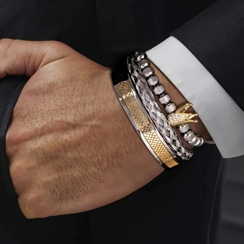 SET DE 3 PULSERAS ACERO INOXIDABLE CORONA GOLD