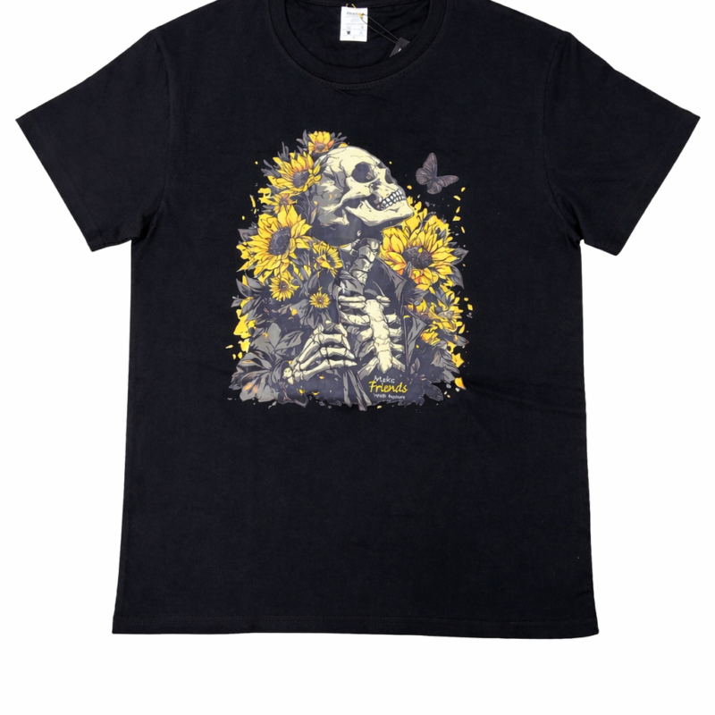 CAMISETA NEGRA GIRASOLES Y CALAVERA