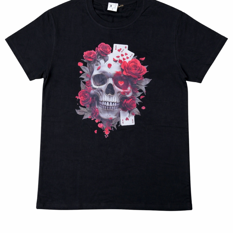 CAMISETA NEGRA ESTAMPADO ROSAS Y CALAVERA