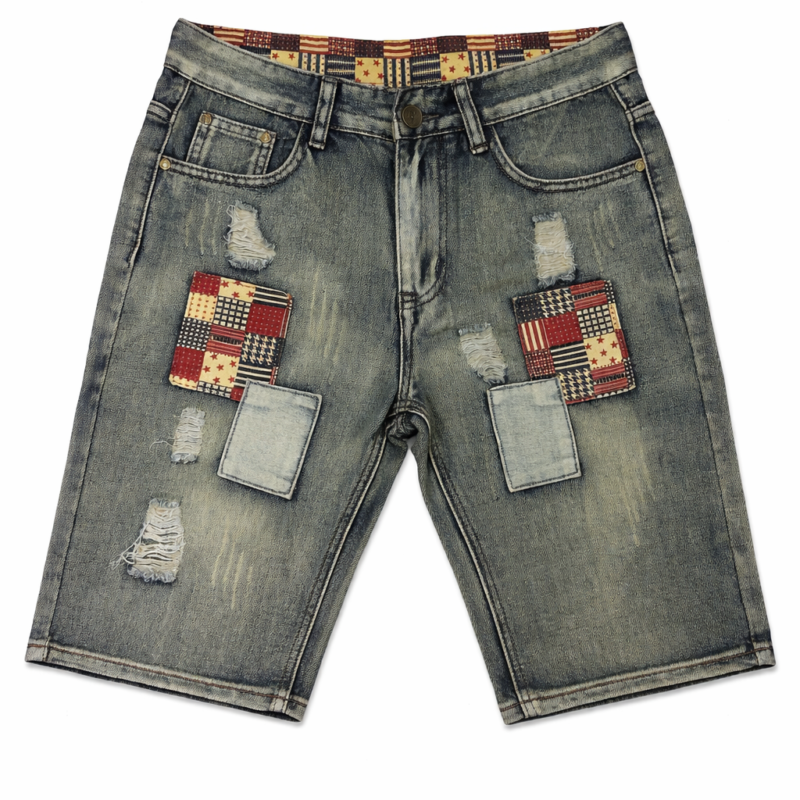 BERMUDA DENIM CON PARCHES PATCHWORK EN TONO ENVEJECIDO REGULAR FIT
