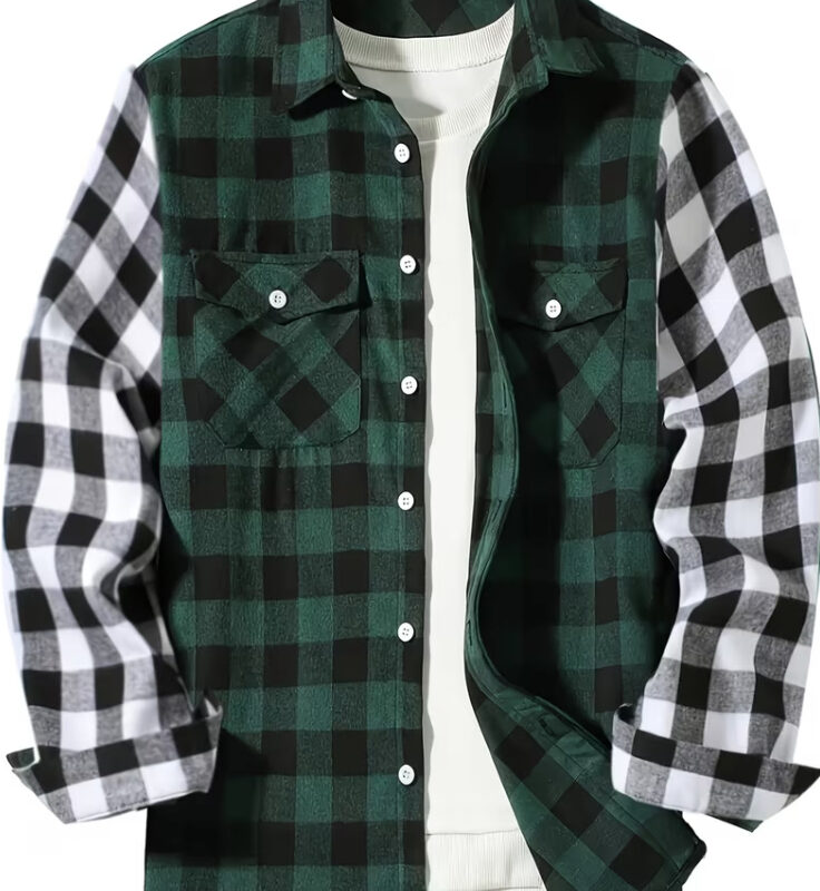 CAMISA DE CUADROS VERDE CON MANGAS GRISES