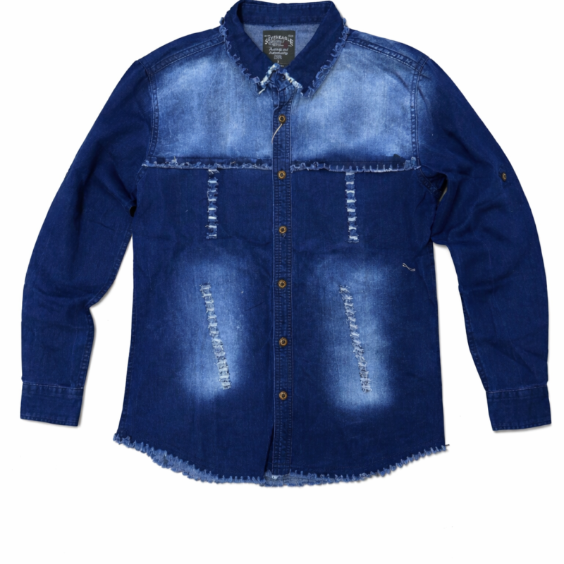 CAMISA MANGA LARGA DENIM DARK CON DESGASTADOS Y ROTURAS