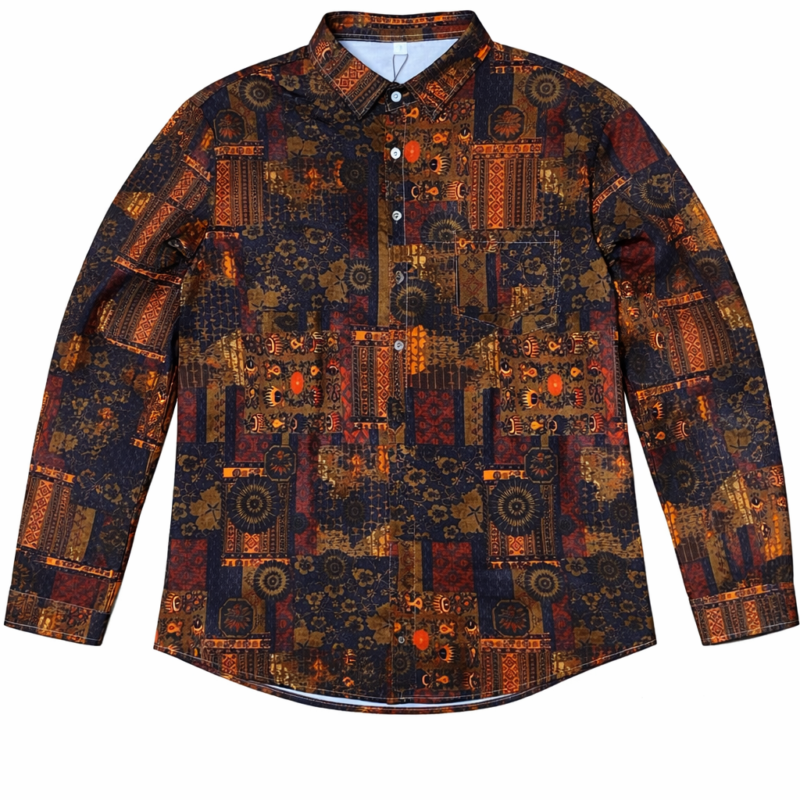 CAMISA MANGA LARGA CON ESTAMPADO FLORAL NARANJA Y KAKI