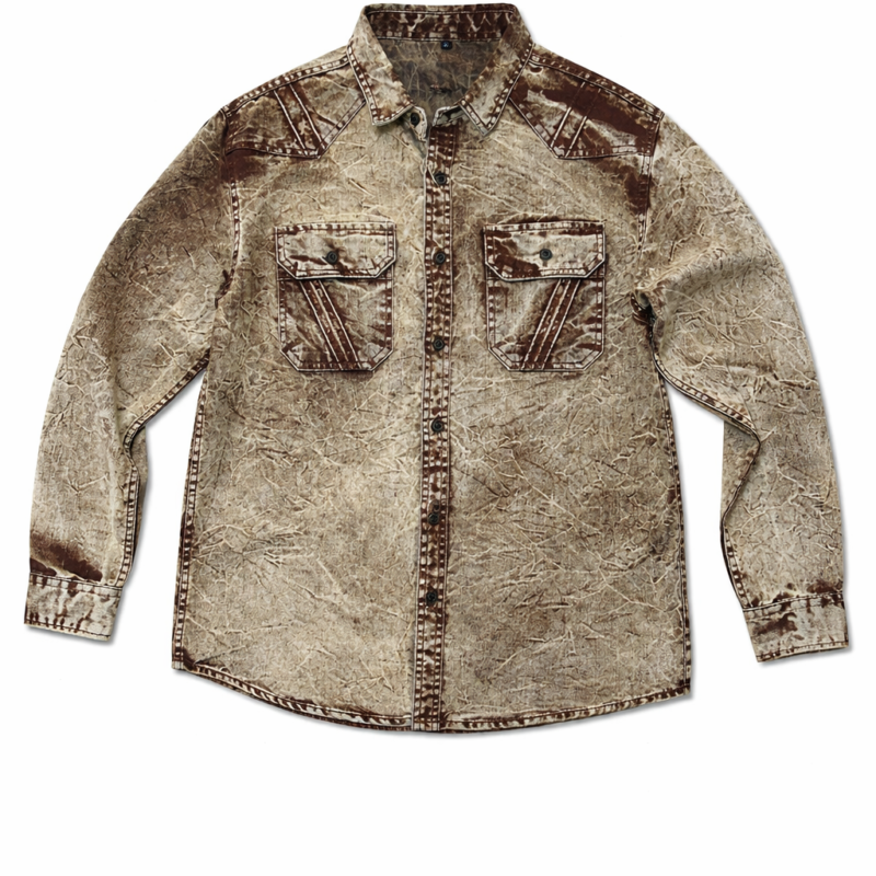 CAMISA MANGA LARGA DENIM CAMEL CON DESGASTADO