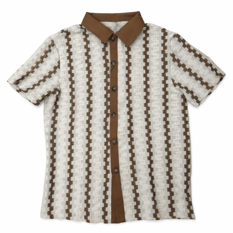 CAMISA MANGA CORTA CON TEXTURA BLOQUES GEOMETRICOS BEIGE CAMEL REGULAR FIT
