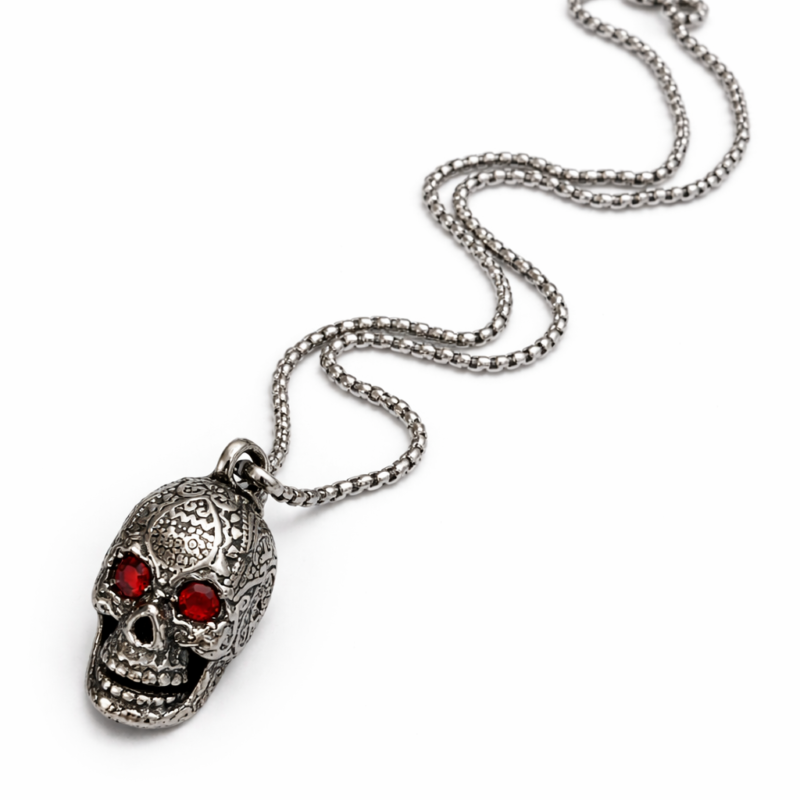 COLLAR CALAVERA CON OJOS ROJOS 429MM ACERO INOXIDABLE