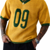 CAMISETA DE CROCHET AMARILLA CON CUELLO Y MANGAS VERDE NUMERACIÓN 09