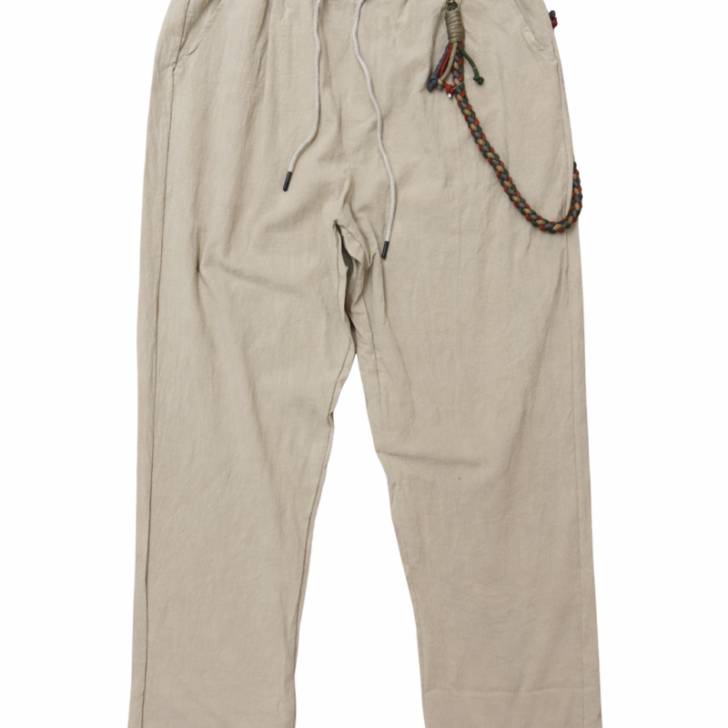 PANTALÓN DE LINO RELAXED FIT BEIGE CON CADENA TRENZADA DE COLORES