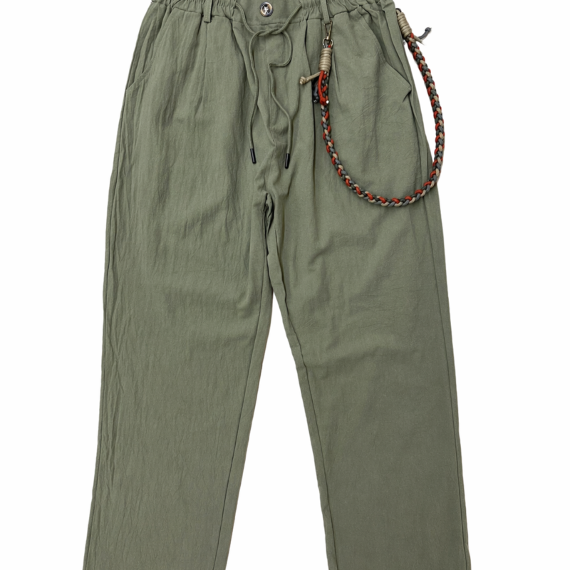 PANTALÓN DE LINO RELAXED FIT ARMY CON CADENA TRENZADA DE COLORES