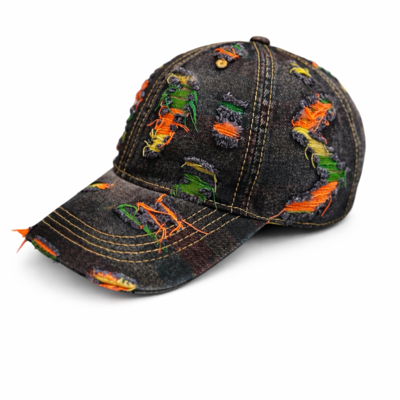 GORRA DENIM NEGRA CON ROTOS DE COLORES