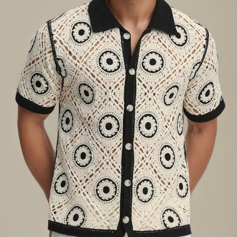 CAMISA MANGA CORTA BEIGE DE CROCHET EN BLANCO CRUDO CON BORDES NEGRO