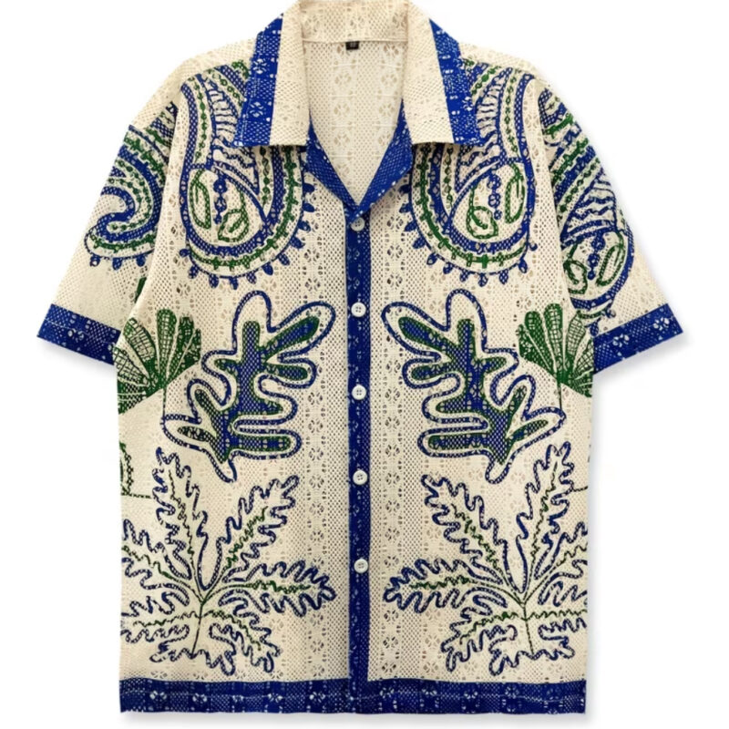 CAMISA MANGA CORTA BEIGE CON ESTAMPADO HOJAS AZUL Y VERDE