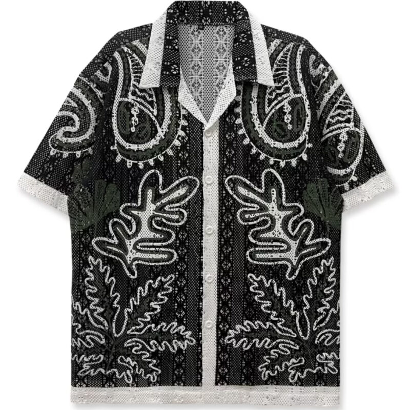 CAMISA MANGA CORTA BLANCA Y NEGRA CON ESTAMPADO HOJAS