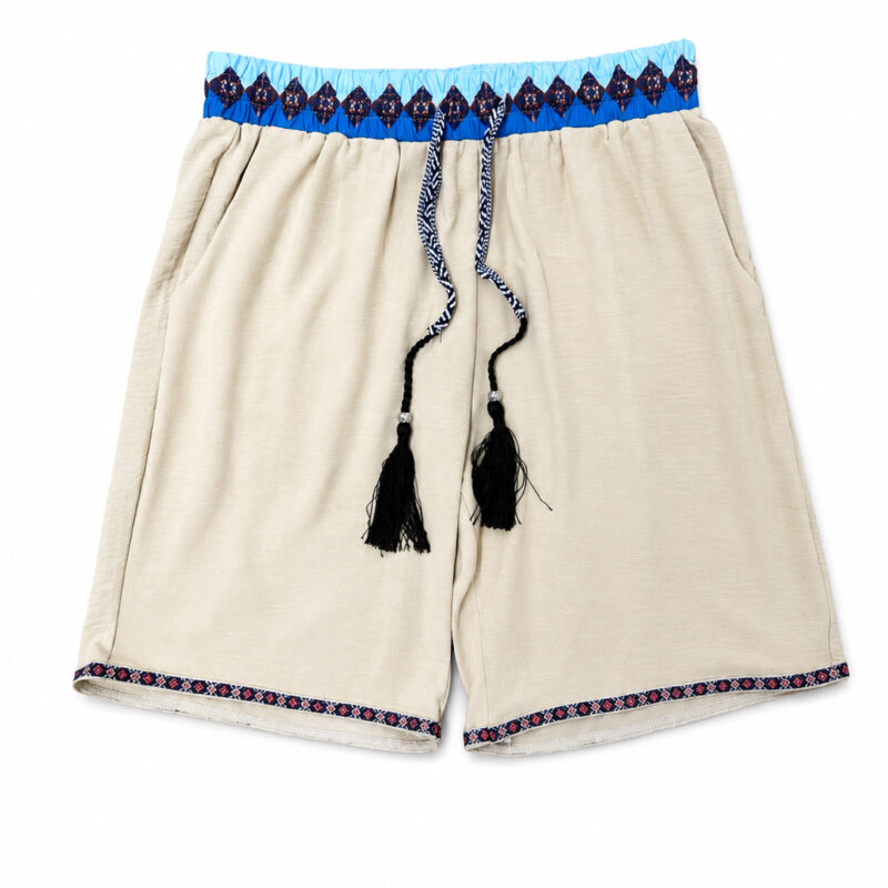 BERMUDA BEIGE CON CINTURILLA ESTAMPADA Y CORDÓN CON FLECOS
