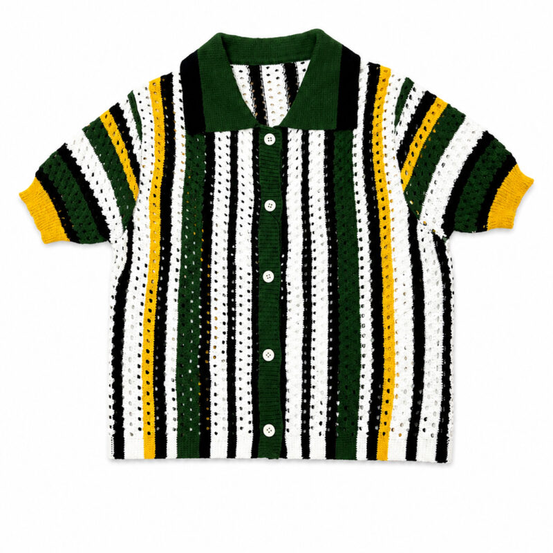 CAMISA MANGA CORTA DE RAYAS VERDE, MARINO Y AMARILLO CROCHET