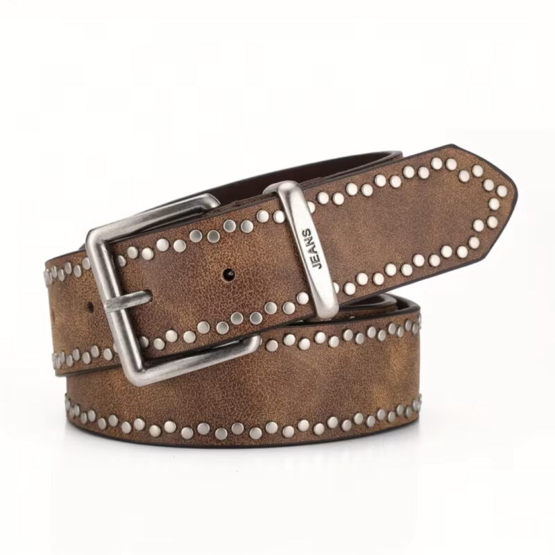 CINTURÓN DE PIEL MARRÓN VINTAGE CON APLIQUES SILVER  HEBILLA ONE