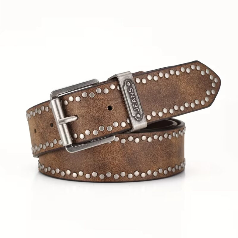 CINTURÓN DE PIEL MARRÓN VINTAGE CON APLIQUES SILVER