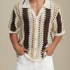CAMISA MANGA CORTA NEGRA DE CROCHET EN MARRÓN Y BEIGE