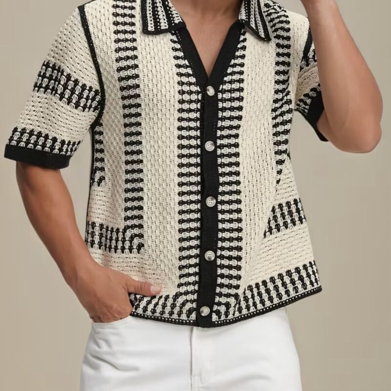 CAMISA MANGA CORTA CRUDO Y DETALLES NEGRO