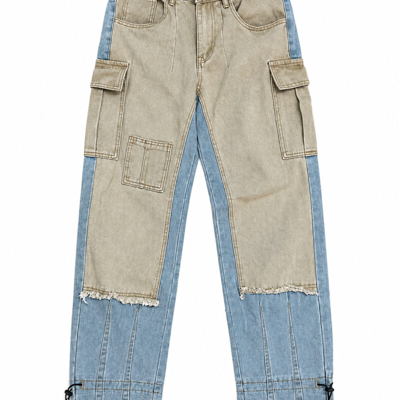 PANTALÓN DENIM PATCHWORK CARGO KAKI Y BEIGE