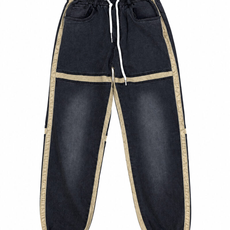 PANTALÓN JOGGER NEGRO CON CORDÓN Y GOMA EN LA CINTURA CON DETALLES BEIGE