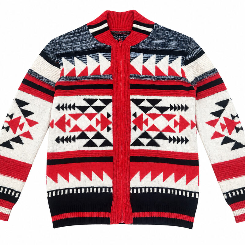 CHAQUETA DE PUNTO CON GRECAS ROJO Y NEGRO