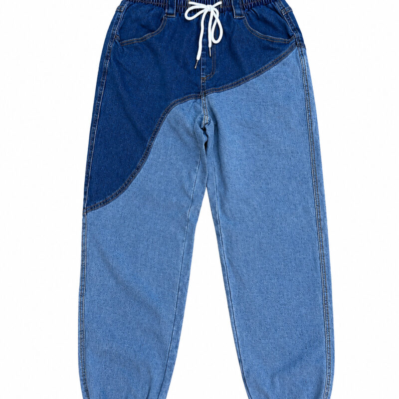 PANTALÓN JOGGER DENIM DOBLE COLOR CON CORDÓN EN LA CINTURA